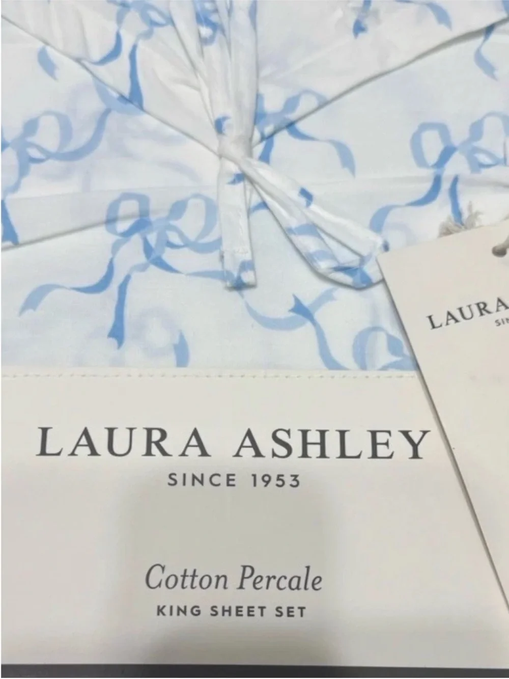 Laura Ashley King Blue Bow 100% Percale Cotton Sheet Set NWT Cottagecore